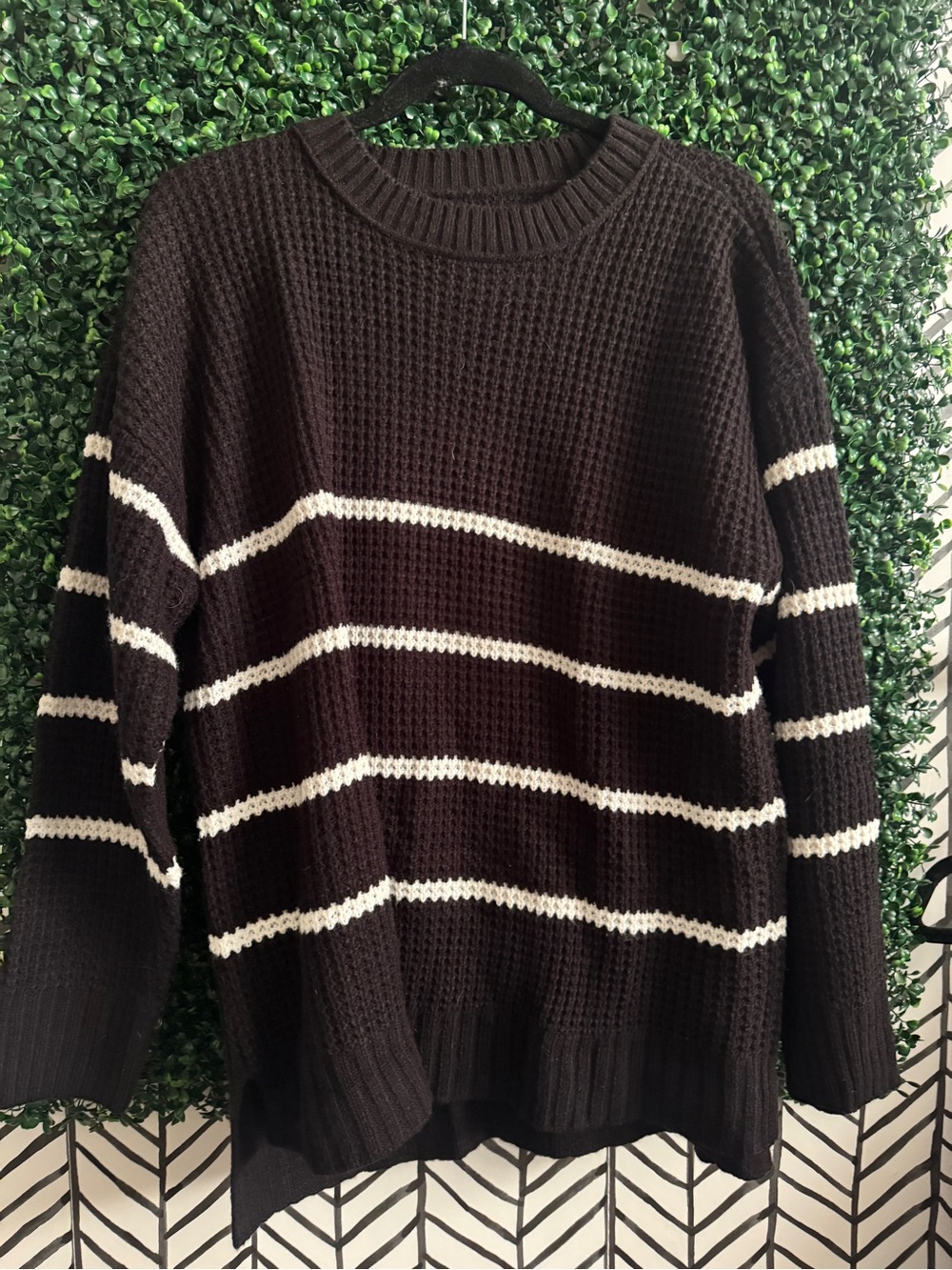 Black Crewneck Sweater with White Stripes